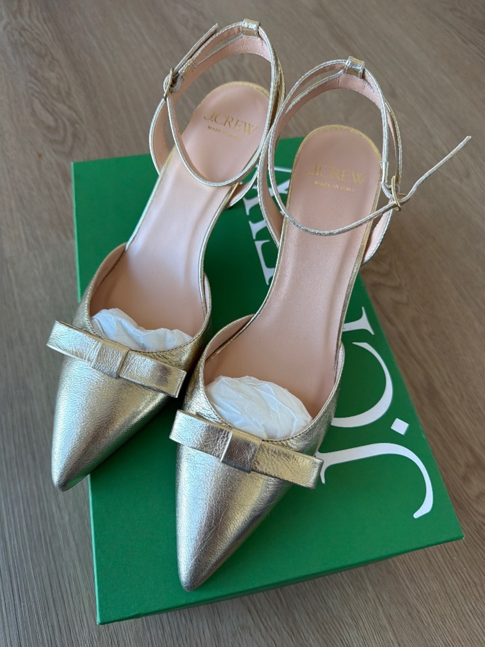 J.Crew Colette bow pumps in metallic crinkle leather